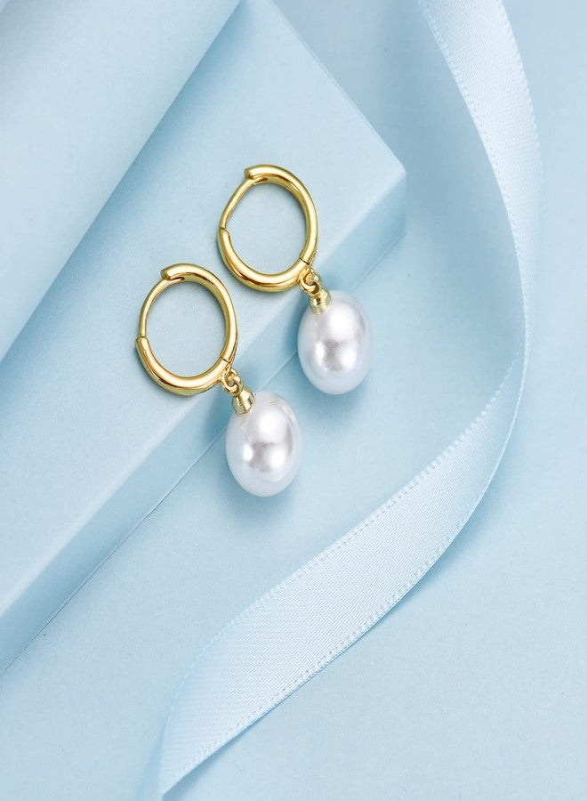 EPIRORA Sterling Silver Simulated Shell Pearl Hoop Earrings Dangle Drop Earrings Jewelry for Women 10mm, Gold (Round) - Image 4